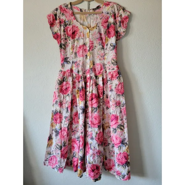 Vintage STARINA Floral Cottage Core Dress SZ M Pink Rose Button Front & Pockets - Image 3