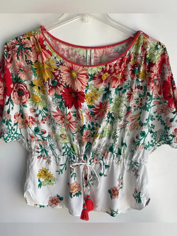 Anthropologie springtime floral sleep top tassel tie waist dolman sleeve top M - Image 8