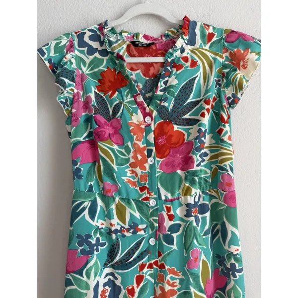 Bloomchic Tropical Floral Jumpsuit Teal/Multicolor Lightweight‎ Wide Leg Size 12 - Image 5