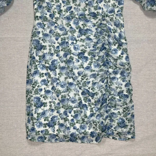 Cotton Candy | NWOT Blue and White Floral Ruched Peasant Dress | Small - Image 4