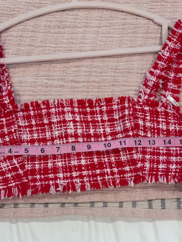 Self Portrait Red & White Boucle Square-Neck Crop Top size 6 - Image 8