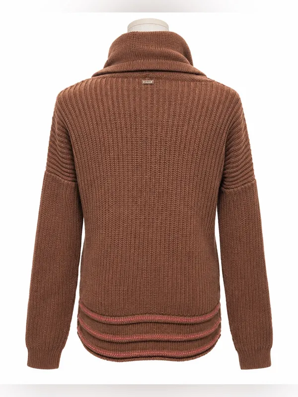 prAna Wool Blend Cowl Neck Sweater Medium Brown Striped Hem Pullover - Image 3