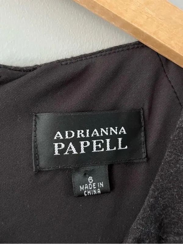 Adrianna Papell Draped Black Dress Faux Leather Trim Size 6 Midi Sleeveless - Image 4