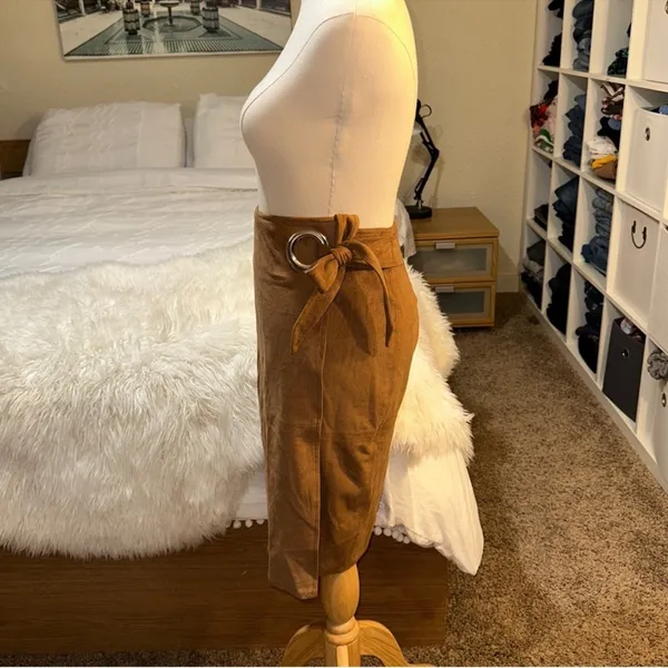 EXPRESS | Camel Faux Suede High Waisted Pencil Wrap Tie Side Grommet Ring Skirt - Image 3