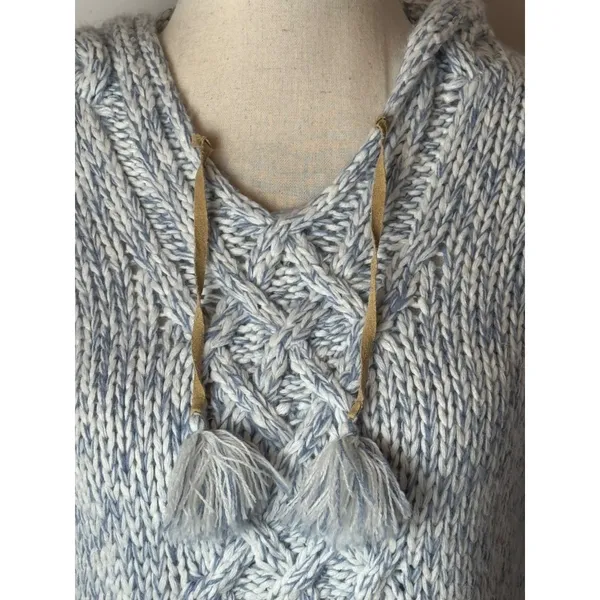 By Next Era Sweater Women Medium Blue White Cable Knit Hooded Pullover‎ Tassel - Image 6