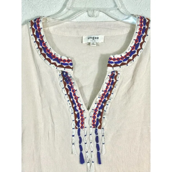 Umgee Embroidered Peasant Boho Blouse Tassel Tie Cream Bohemian Top M - Image 9
