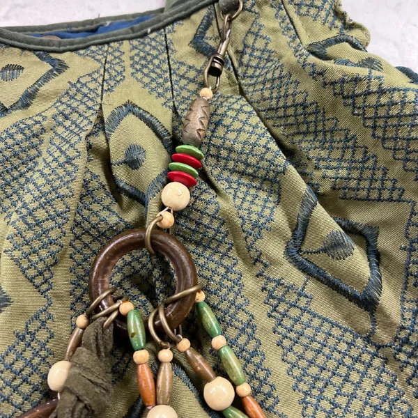 Boho Olive Green Geometric Woven Tote Bag with Beaded‎ Tassel Charm - Image 3