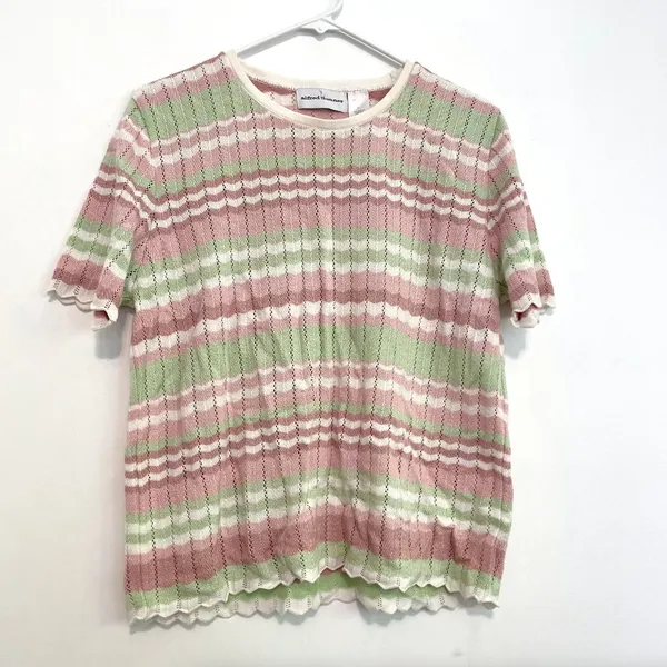 ALFRED DUNNER White Mauve Pink Green Chevron Striped Short Sleeve Sweater Top L - Image 2