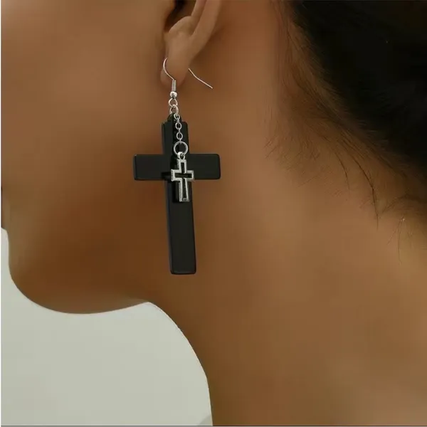 Unique design double‎ layer black cross light weight plastic dangle earrings - Image 9