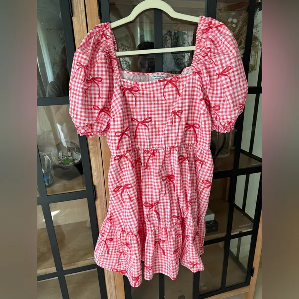 Miss Selfridge bows babydoll dress poplin tiered mini smock gingham coquette - Image 2
