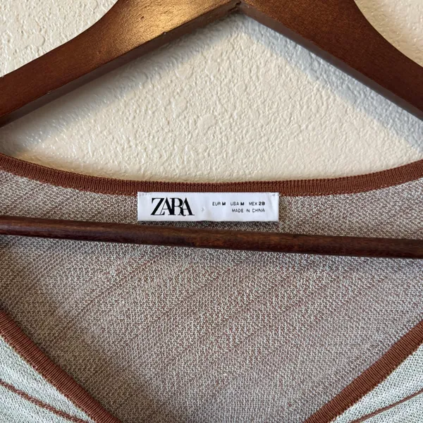 Zara Brown Cream Striped Cropped Long Sleeve Knit Top Size M - Image 2