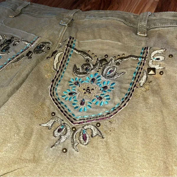 Embroidered olive straight leg jeans Tan Size 30 - Image 5