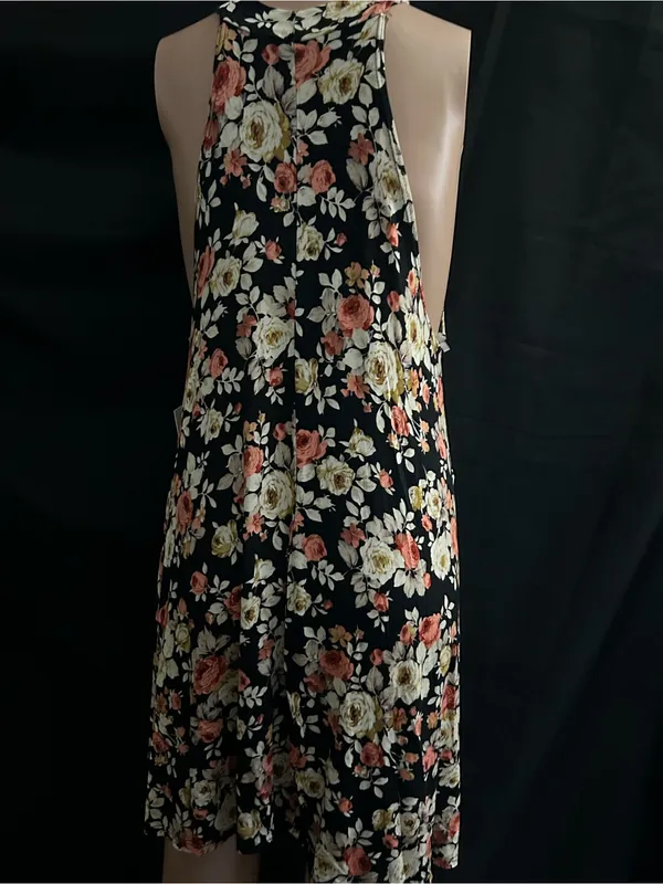 Vibe Sportswear Floral Halter Swing Dress Black Coral & Cream Roses LG NWT - Image 2