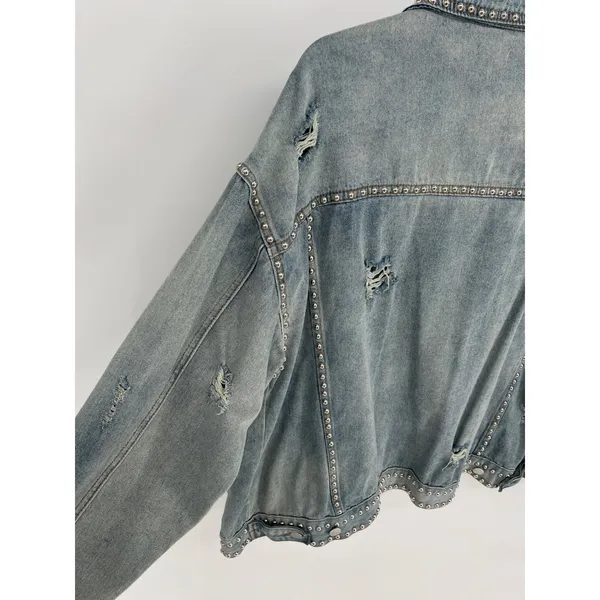 POL Denim Jean Jacket Womens S Blue Studded‎ Distressed Oversized - Image 13