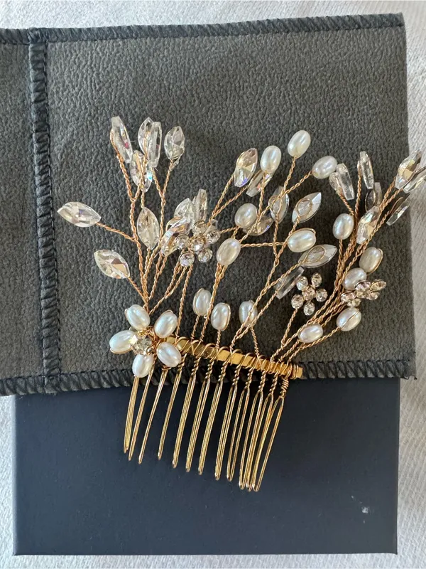 Gold Bridal Hair Comb with White Pearls and Clear Crystals - Image 2