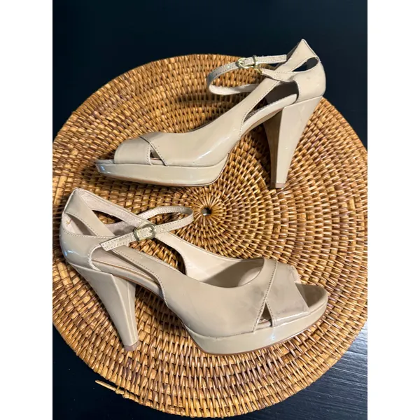 Franco Sarto Nude Patent Peep Toe Platform Heels Ankle Strap Pumps Size 8.5M‎ - Image 6