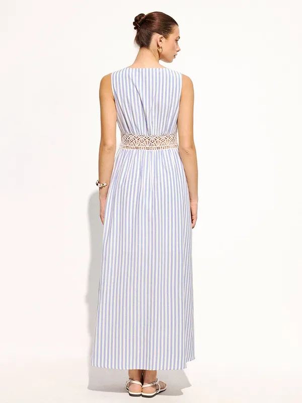 Commence Blue & White Striped Maxi Dress with Crochet Waist Small NWT Pocket s - Image 2