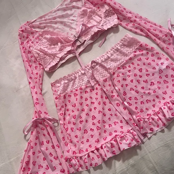 Pink Coquette Heart-Print Two-Piece Bell Sleeve Set - Image 2