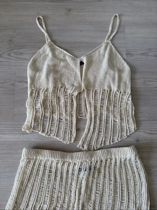 Cotton Candy Cream Knit Crop Top & Shorts Set Coverup - Image 4