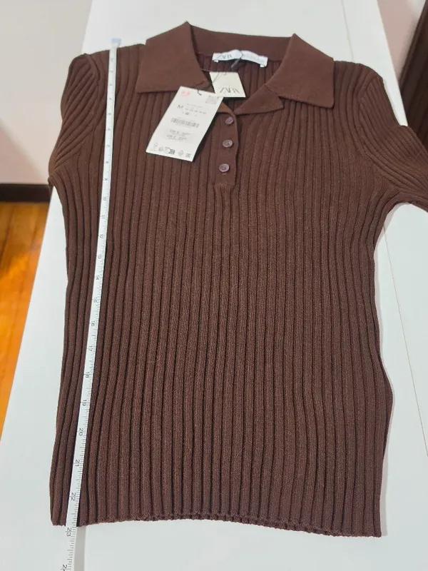 Zara Ribbed Knit Polo Top Long Sleeve - Brown - Size M - 3471 - Image 7