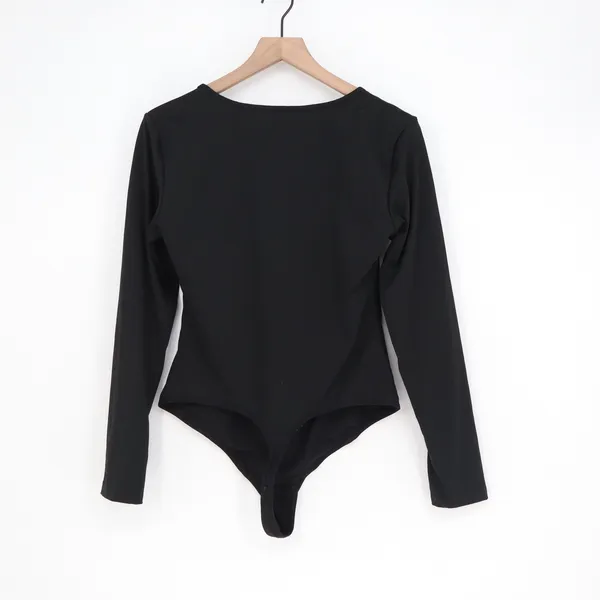 Black Square Neck Long Sleeve Corset Seam Bodysuit XXL - Image 3