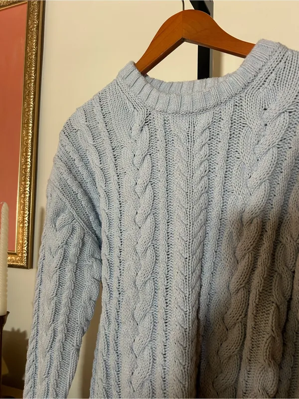 J. Crew Cable-knit Crewneck Sweater 100% Cotton‎ Light Blue Size Large - Image 2