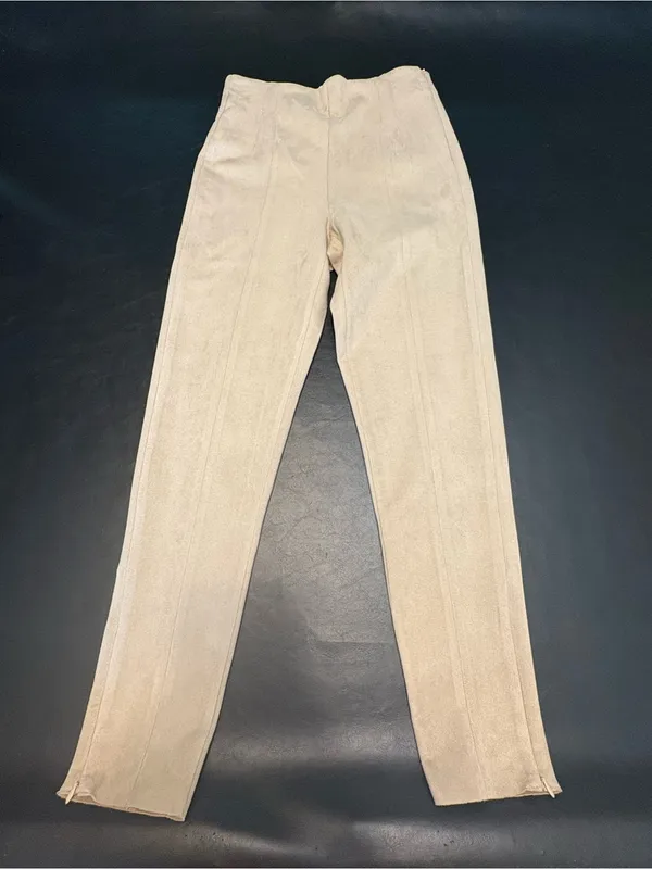 Zara Faux Suede High-Waist Leggings in Light Beige with Zip bottoms size Medium - Image 3