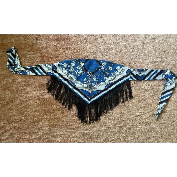 Blue Floral Stripe Fringe Bandana Tube Top L Strapless Tie Back Cotton Blend - Image 3