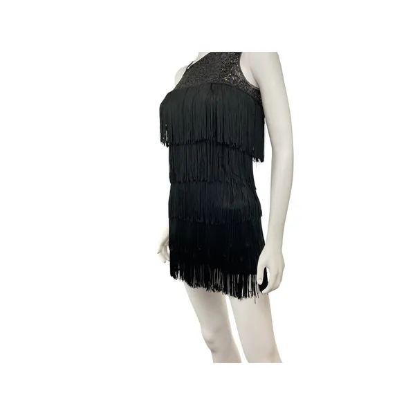 Balera Sequin Fringe One Shoulder Dress‎ Black Sleeveless Flapper Costume - Image 3