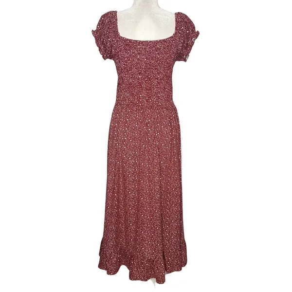 Urban Outfitters Large Rust Red Floral Smocked Dress Puff Sleeves Midi Maxi - Image 8