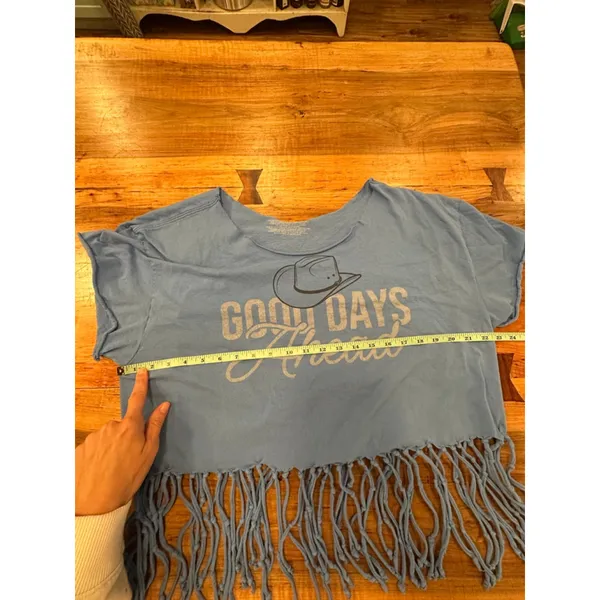 Custom Blue Fringe Cowboy Graphic Crop Top Boho Southwestern Festival Shirt L - Image 5
