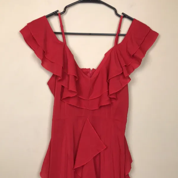 PrettyLittleThing Women’s Red Ruffle Off the Shoulder Leg Slits Maxi Dress - Image 2