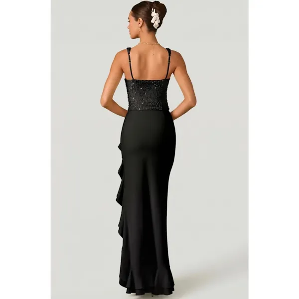 Oh Polly Robina Embellished Ruffle-Trim Corset Gown Maxi Dress in Black size 4 - Image 9