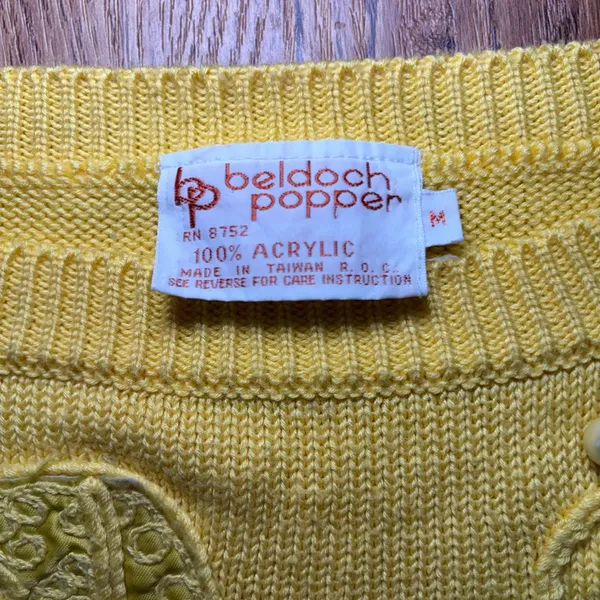 VTG 80s Beldoch Popper Yellow Floral Applique Pearl Knit Sweater Womens M READ - Image 2