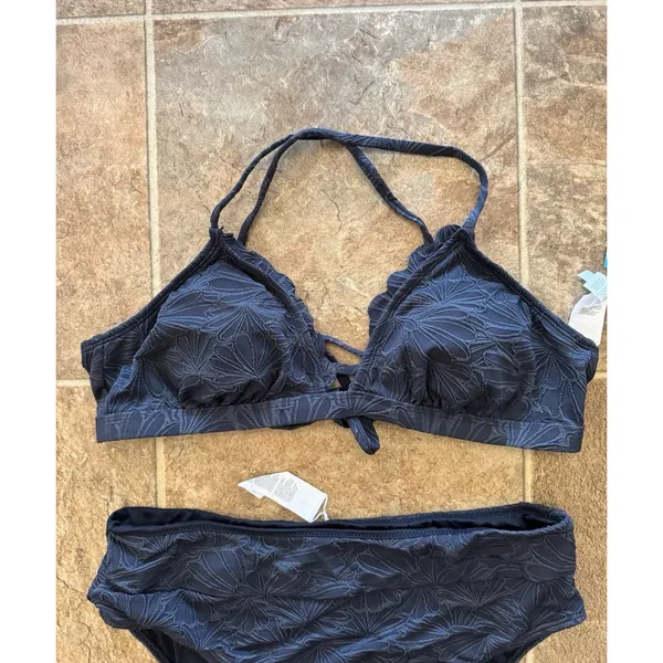 Cupshe Black Floral Jacquard Scalloped Bralette & High Waist Bikini Set Large - Image 2