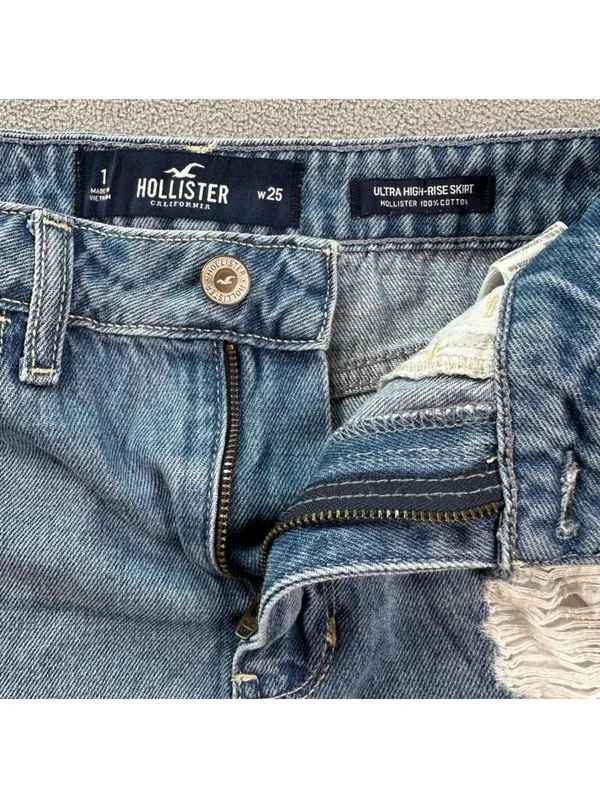 Hollister Ultra High Rise Distressed Denim Mini Skirt Y2K Blue Jean Raw Hem 1 25 - Image 4