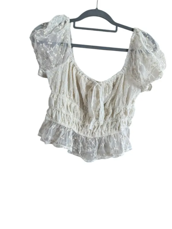Japna Women's White Lace Puff Sleeve Crop Top M - Image 2