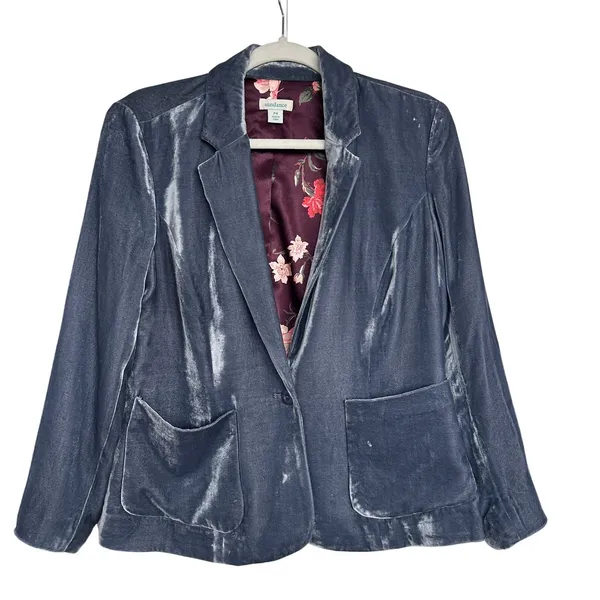 Sundance Women's Beau Blue Velvet Silk Lined Floral Blazer Jacket ,Size 4P, EUC - Image 2