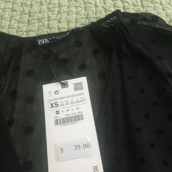 ZARA Blouse Sheer Black,black dots,long bell sleeves w/lace trim, v neck,empire waist - Image 5