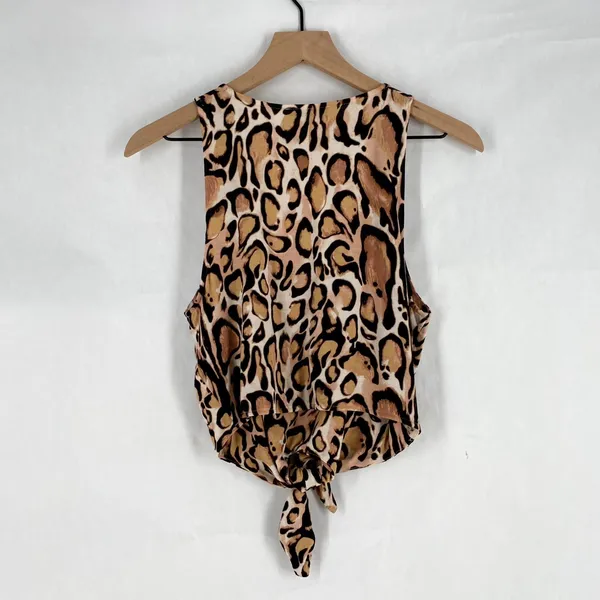 Aritzia Babaton Crop Top Womens M‎ Brown Stretch Leopard Scoop Neck Tie Front - Image 2
