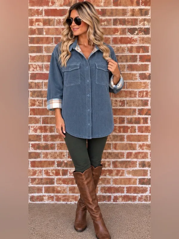 Love Tree Reversible Slate Blue Corduroy Plaid Fleece Shacket Jacket Women’s XL - Image 4