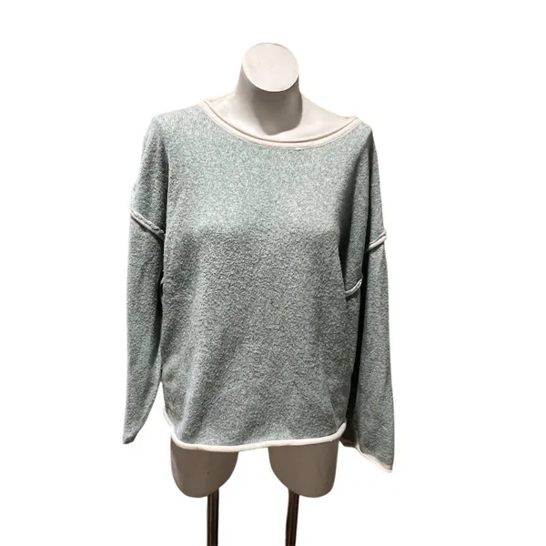Womens Sweater Size M Sage Green Textured Knit Boat Neck Fringe Long - Image 3