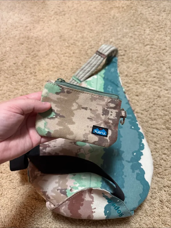 Kavu Rope Sling Bag in Teal, Mint & Brown Camo & Wallet - Image 4
