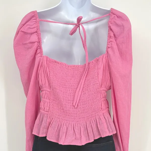 Free People Blouse Women M Pink Smocked Puff Sleeve Boho Top Festival Barbiecore - Image 4