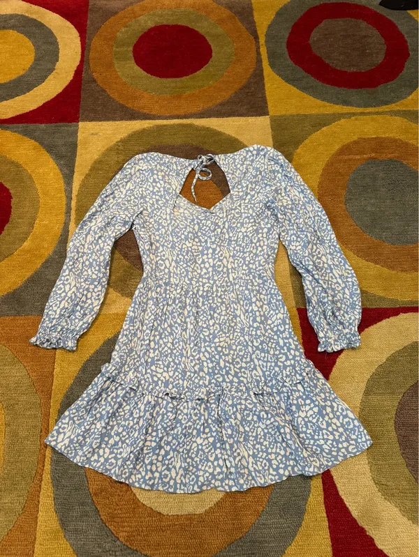 Zara Women Blue White 3/4 Sleeve Ruffle Mini Dress Tie Back Cutout Size Small - Image 3