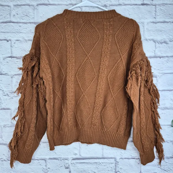 Pink Lily Fringe Sleeve Cable Knit Sweater Brown M Western Boho Fall Cowgirl Top - Image 5
