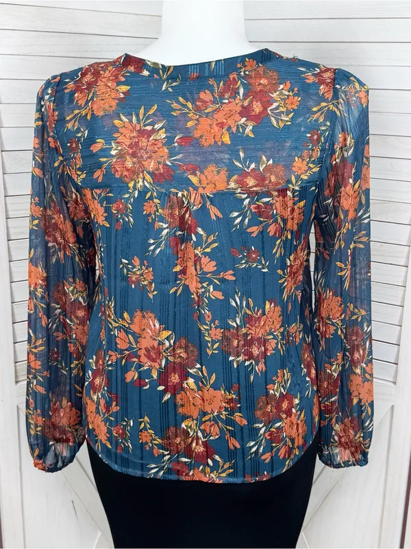 Frye Floral Metallic Jacquard Sheer Blouse Teal Blue Burnt Orange Large Boho - Image 4