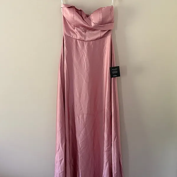 Lulus Maxi Dress Real Romantic Light Rose Pink Satin Strapless Flowy Size S - Image 4