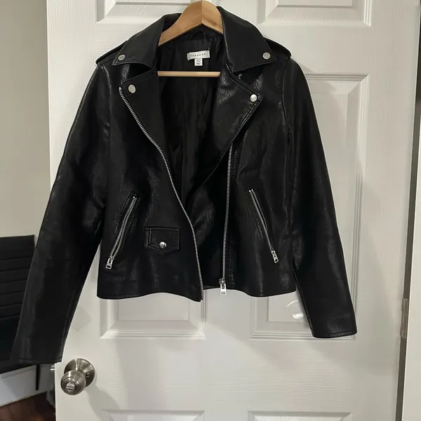 Topshop Black Leather Jacket Asymmetrical Zipper Lapel Collar - Image 2