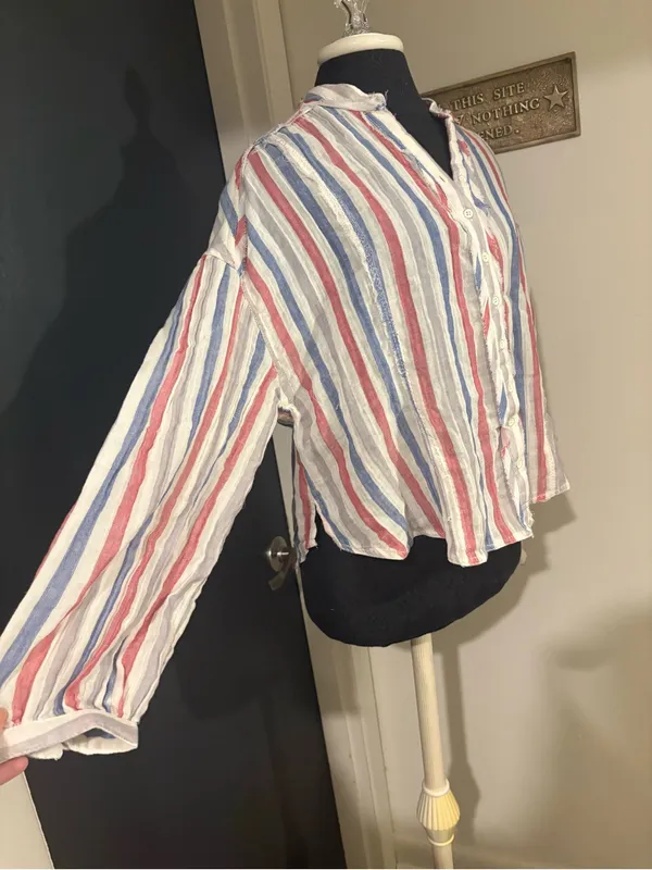 Free People Striped Button-Down 100% Cotton Shirt in White, Red & Blue - Image 2